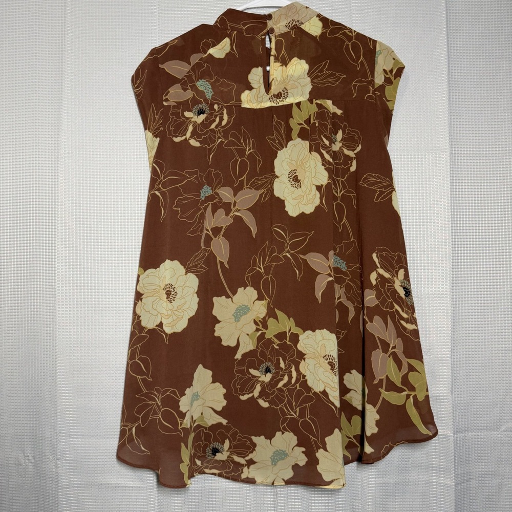 DR2 Floral Sleeveless Blouse M Brown High-Low Mock Neck Top - Picture 2 of 5